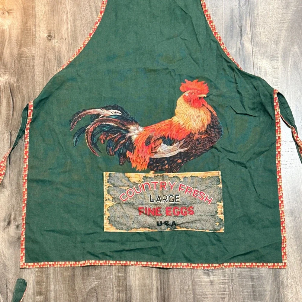 Vintage Country Fresh Rooster Apron Green Farmhouse Chicken Fine Eggs USA Bib